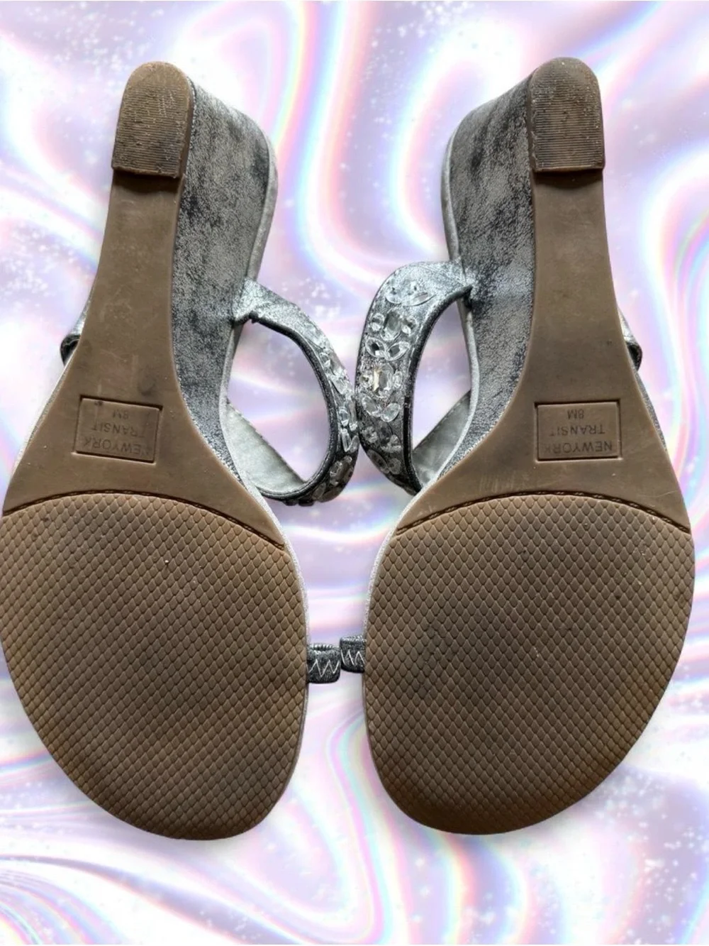 New York Transit Silver Jeweled Wedge Thong Sandals